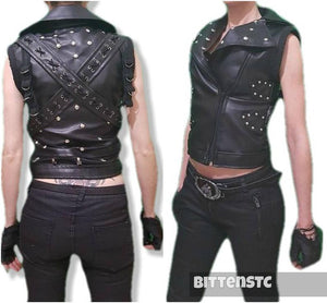 NOORA Womens Lambskin Black Leather Punk Rock Studded Vest Coat With Zipper | Vest Coat With Braided | Eyelets |  ST0170