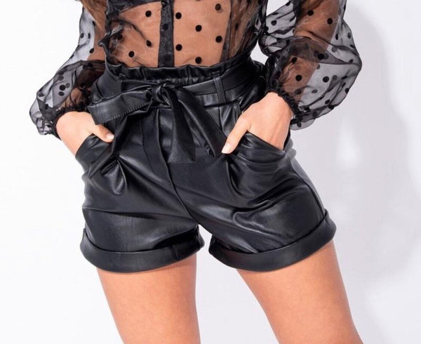 NOORA Womens & Girls Black Leather Shorts With Belted Cuffed | High Waisted Shorts | Soft Mini Shorts | ST0352