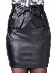 NOORA Womens Real Lambskin Black Leather Bow Skirt ,  Customize Leather skirt for Halloween Party | Club | Casual Wear | ST0118