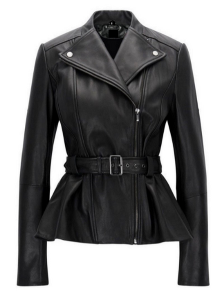 NOORA Womens Lambskin Leather Peplum Style Black Belted Jacket  With Zipper | Snap On Collar | ST0102