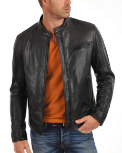NOORA Mens Lambskin Black Leather Biker Jacket With Zipper & Pocket | Band Collar | ST067