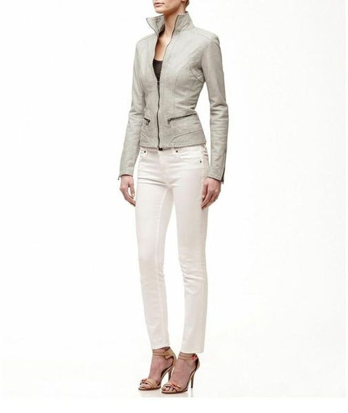 NOORA Off White Leather Jacket, Women's Vintage Coat, Smart Casual Minimalist Cropped Leather Jacket