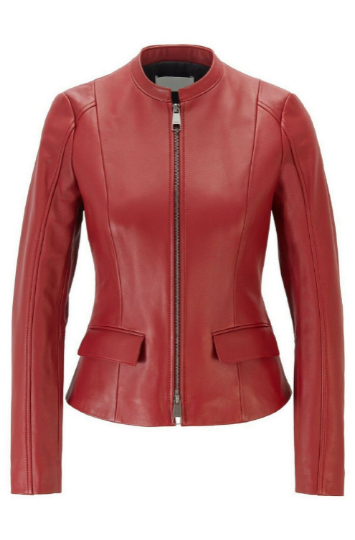 Noora Womens Lambskin Red Leather Motorcycle Jacket With Zipper & Pocket, Belted Jacket