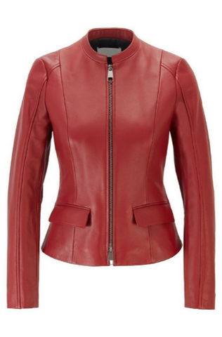 NOORA Womens Lambskin Red Leather Motorcycle Jacket With Zipper & Pocket | Slim Fit Jacket | Belted Jacket | ST05