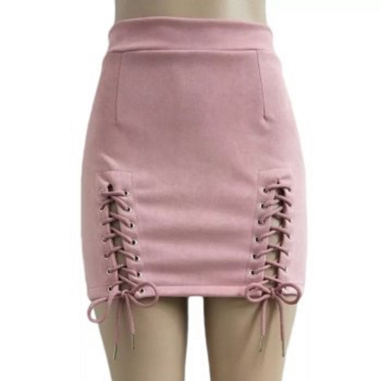 NOORA Womens Real Lambskin Baby Pink Suede Skirt With Braided | Above Knee Skirt | Slim Fit Skirt | ST0109