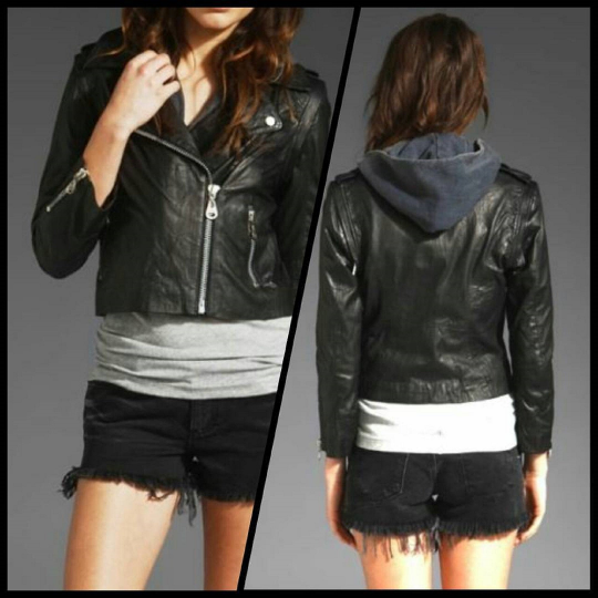 NOORA Womens Lambskin Leather Black Cropped Hoodie Style Biker Jacket With Zipper & Pocket | Shoulder Strap | ST059
