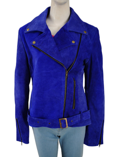 NOORA Womens  Lambskin Leather Midnight Blue Suede Biker Jacket With Zipper | Snap On Collar | Belted Jacket | ST048
