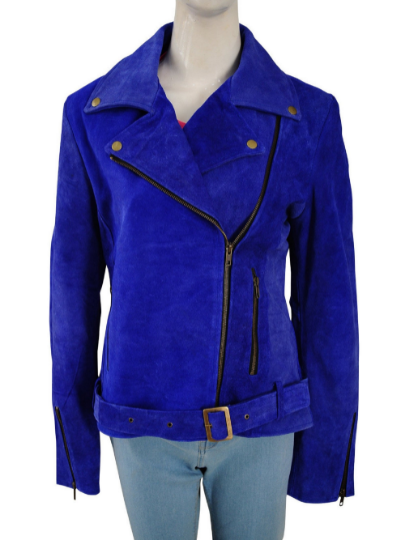 NOORA Womens  Lambskin Leather Midnight Blue Suede Biker Jacket With Zipper | Snap On Collar | Belted Jacket | rt789