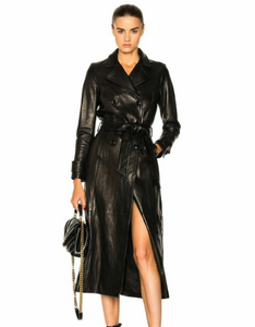 NOORA Womens  Lambskin Black Leather Long Trench Coat With Belt | Slit Cut Trench Coat | ST092