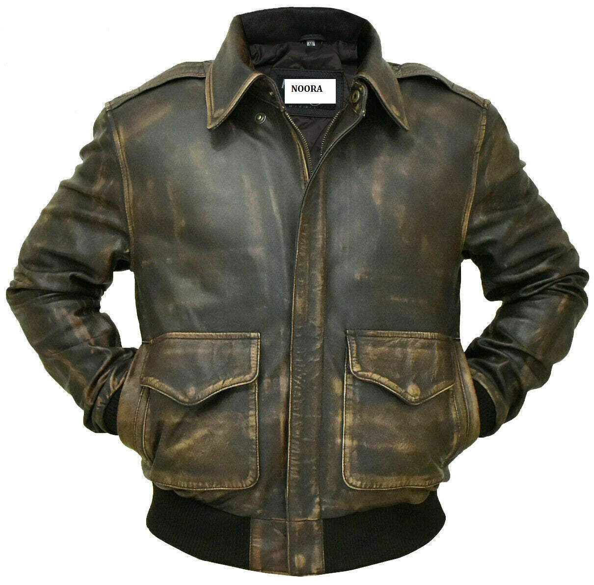 NOORA Mens Lambskin Leather Distressed Brown Leather Aviator Flight Jacket Zipper & Pocket | Bomber Jacket | Vintage Jacket | ST0176