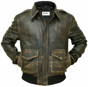 NOORA Mens Lambskin Leather Distressed Brown Leather Aviator Flight Jacket Zipper & Pocket | Bomber Jacket | Vintage Jacket | ST0176