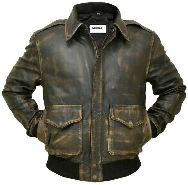 NOORA Mens Lambskin Leather Distressed Brown Leather Aviator Flight Jacket Zipper & Pocket | Bomber Jacket | Vintage Jacket | ST0176