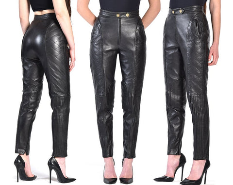 NOORA Womens Lambskin Black Leather Quilted Full Pant With Zipper | Womens Biker Pant | Trousers Leggings | High Waisted Pant | ST0358