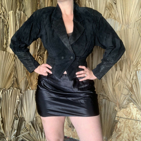 NOORA Women's Real Lambskin Vintage Black Suede Jacket With Cinched Waist | Slim Fit Jacket | ST0405