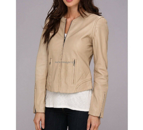 NOORA Womens Lambskin Beige Leather Crop Slim Fit Jacket With Zipper & Pocket | Zip On Sleeves | ST051