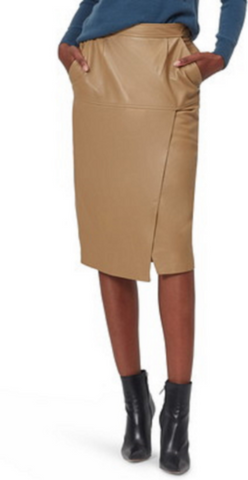 NOORA Womens Lambskin Beige Leather Side Slit Skirt , Below Knee Skirt With Pocket | Straight Skirt | Pencil Skirt | ST0117