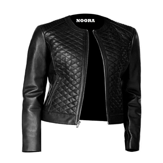 NOORA Womens Black Leather Biker Quilted Jacket With Zipper & Pocket | Slim Fit Jacket | Full Sleeves | ST077