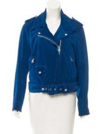 NOORA Womens Lambskin Blue Suede Belted Biker Jacket With Zipper & Pocket | Shoulder Strap | Snap On Collar | ST071