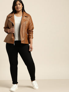 NOORA Womens Lambskin Tan Leather Biker Jacket With Zipper & Pocket | Plus Size Jacket | Shoulder Strap & Snap | ST0155