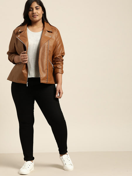 NOORA Womens Lambskin Tan Leather Biker Jacket With Zipper & Pocket | Plus Size Jacket | Shoulder Strap & Snap | ST0155