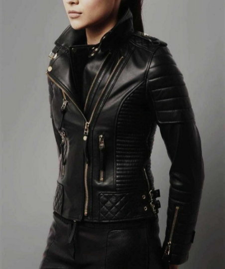 NOORA Womens Lambskin Leather Black Quilted Jacket With Zipper & Pocket | Belted Collar | Zip On Sleeves | rt556