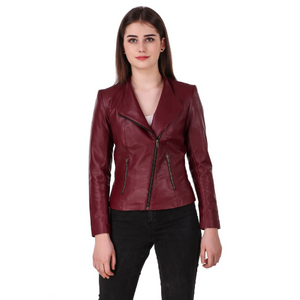 NOORA Womens Lambskin Maroon Leather Jacket With Zipper & Pocket | Slim Fit Jacket | ST072