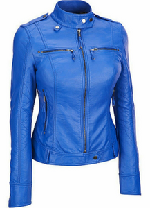 NOORA Womens Real Lambskin Royal Blue Leather Jacket With Zipper & Pocket | Shoulder Strap | Snap On Sleeves | ST080