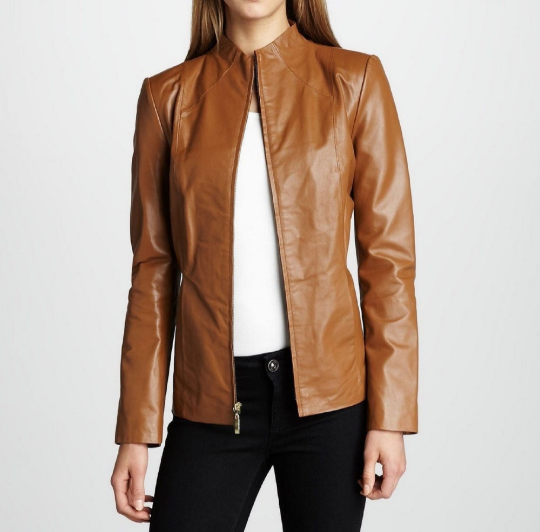 NOORA Women Real Lambskin Tan Leather Biker Jacket With Zipper | Slim Fit Jacket | Full Sleeves | ST076