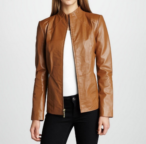 NOORA Women Real Lambskin Tan Leather Biker Jacket With Zipper | Slim Fit Jacket | Full Sleeves | ST076
