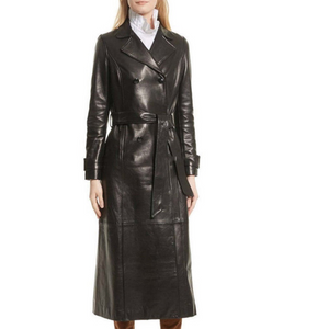 NOORA Womens  Lambskin Black Leather Long trench Coat With Button | Belted Trench Coat | Winter Wear Trench Coat |  ST0101