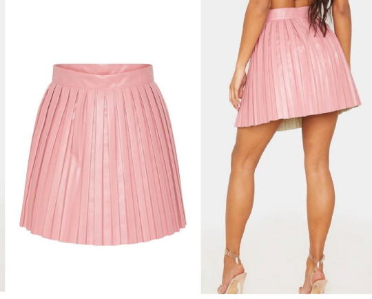 NOORA Handmade Real Lambskin Baby Pink Leather Pleated Skirt , Above Knee Skirt |  Mini Skirt | ST0116