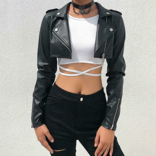 NOORA Womens  Lambskin Leather Black Crop Jacket With One Side Zipper | Shoulder Strap | Zip On Sleeves | rt728