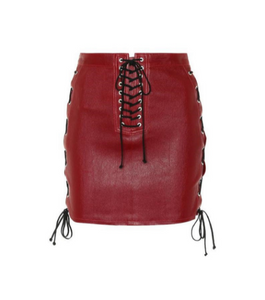 NOORA Womens Real Lambskin Burgundy Leather Skirt , High Waisted Booty Mini Shorts With Braided |  Side Lace Up | ST0112