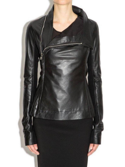 NOORA Womens Lambskin Black Leather Cropped Motor Biker Jacket With Cross Zip | Slim Fit Jacket | ST042