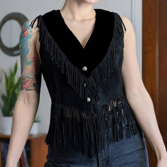 Black Leather Fringe Vest | Leather Fringe Vest | Noora International