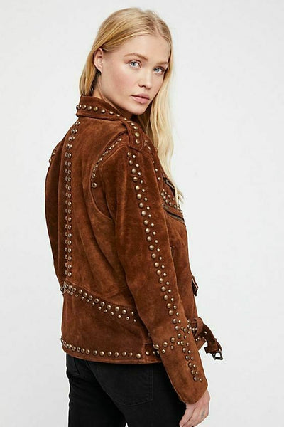 NOORA Women's American Style Lambskin Brown Suede Studded Jacket With Zipper & Jacket | Shoulder Strap | ST0403