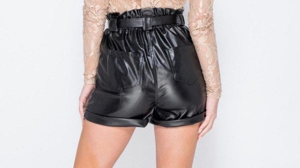 NOORA Womens Lambskin Black Leather Shorts With Belt & Pocket | Womens Biker Shorts | Mini Pant | ST0355