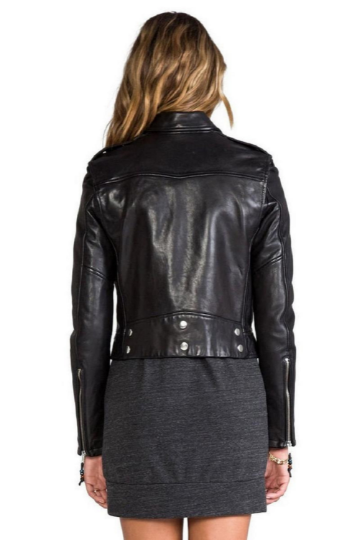 NOORA Womens Lambskin Black Leather Cropped Biker Jacket  With Zipper & Pockets | Belted Jacket  | Zip On Sleeves | ST036