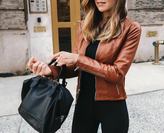 NOORA Womens Lambskin Brown Leather Cropped Motor Biker Jacket With Zipper & Pocket | Long Sleeves | Band Collar | ST034