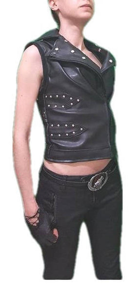 NOORA Womens Lambskin Black Leather Punk Rock Studded Vest Coat With Zipper | Vest Coat With Braided | Eyelets | RT259