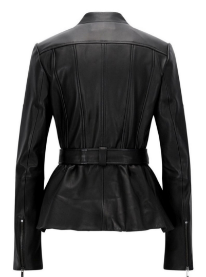 NOORA Womens Lambskin Leather Peplum Style Black Belted Jacket  With Zipper | Snap On Collar | ST0102