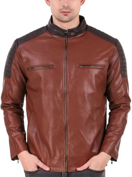 NOORA Mens Lambskin Color Block Quilted Biker Jacket With Zipper & Pocket| Band Collar| ST0178