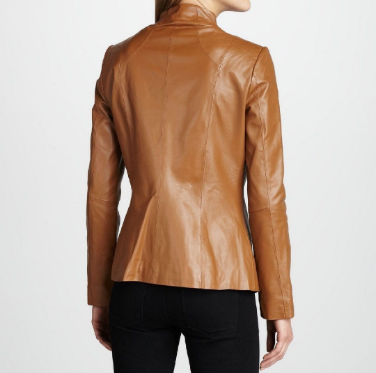 NOORA Women Real Lambskin Tan Leather Biker Jacket With Zipper | Slim Fit Jacket | Full Sleeves | ST076