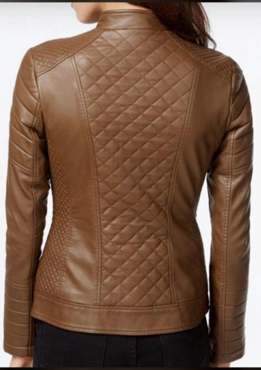 NOORA Womens Real Lambskin Brown Leather Biker Quilted Jacket With Zipper & Pocket | Zip On Sleeves | ST070