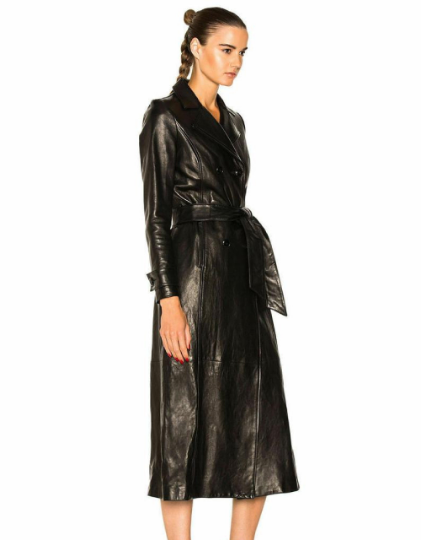 NOORA Womens  Lambskin Black Leather Long Trench Coat With Belt | Slit Cut Trench Coat | ST092