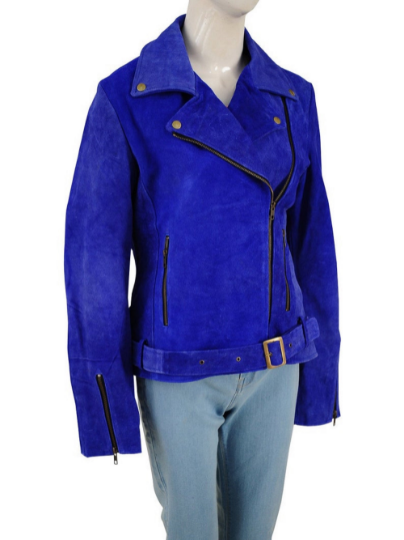 NOORA Womens  Lambskin Leather Midnight Blue Suede Biker Jacket With Zipper | Snap On Collar | Belted Jacket | ST048