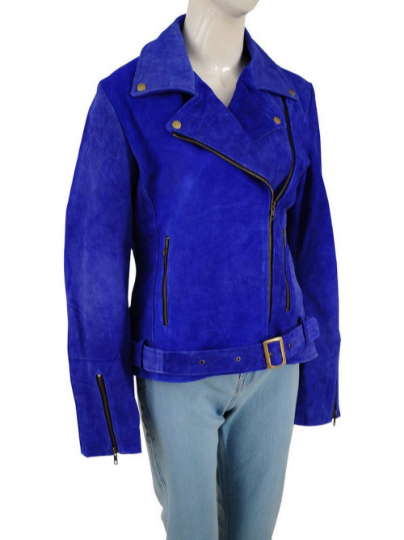 NOORA Womens  Lambskin Leather Midnight Blue Suede Biker Jacket With Zipper | Snap On Collar | Belted Jacket | rt789