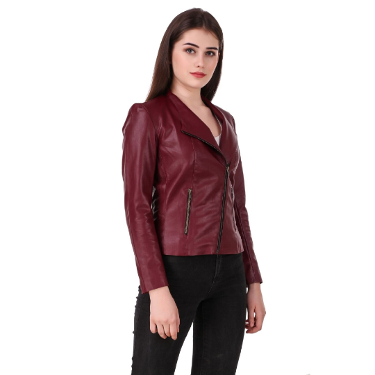 NOORA Womens Lambskin Maroon Leather Jacket With Zipper & Pocket | Slim Fit Jacket | ST072