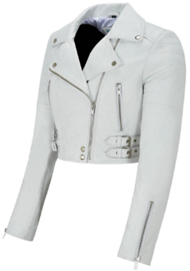 NOORA Womens  White Leather Cropped Biker jacket With Zipper & Pocket | Zip On Sleeves | Belted Jacket | Snap On Collar | ST054