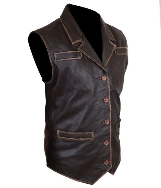 NOORA Mens Lightweight Leather Distressed Brown Vest Coat With Button & Pocket | Soft Leather Vest Coat | Slim Fit